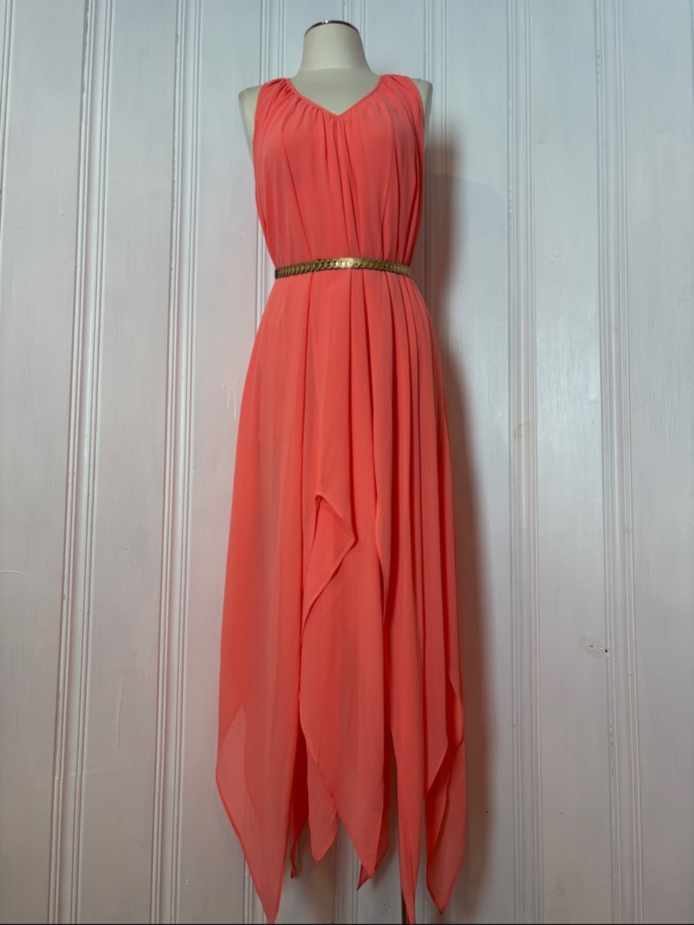 MICHAEL KORS Coral Pink Flowing Handkerchief Hem Maxi Dress - Size M